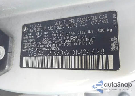 1998 BMW 740Il из США, поврежденный, VIN WBAGJ8320WDM24428